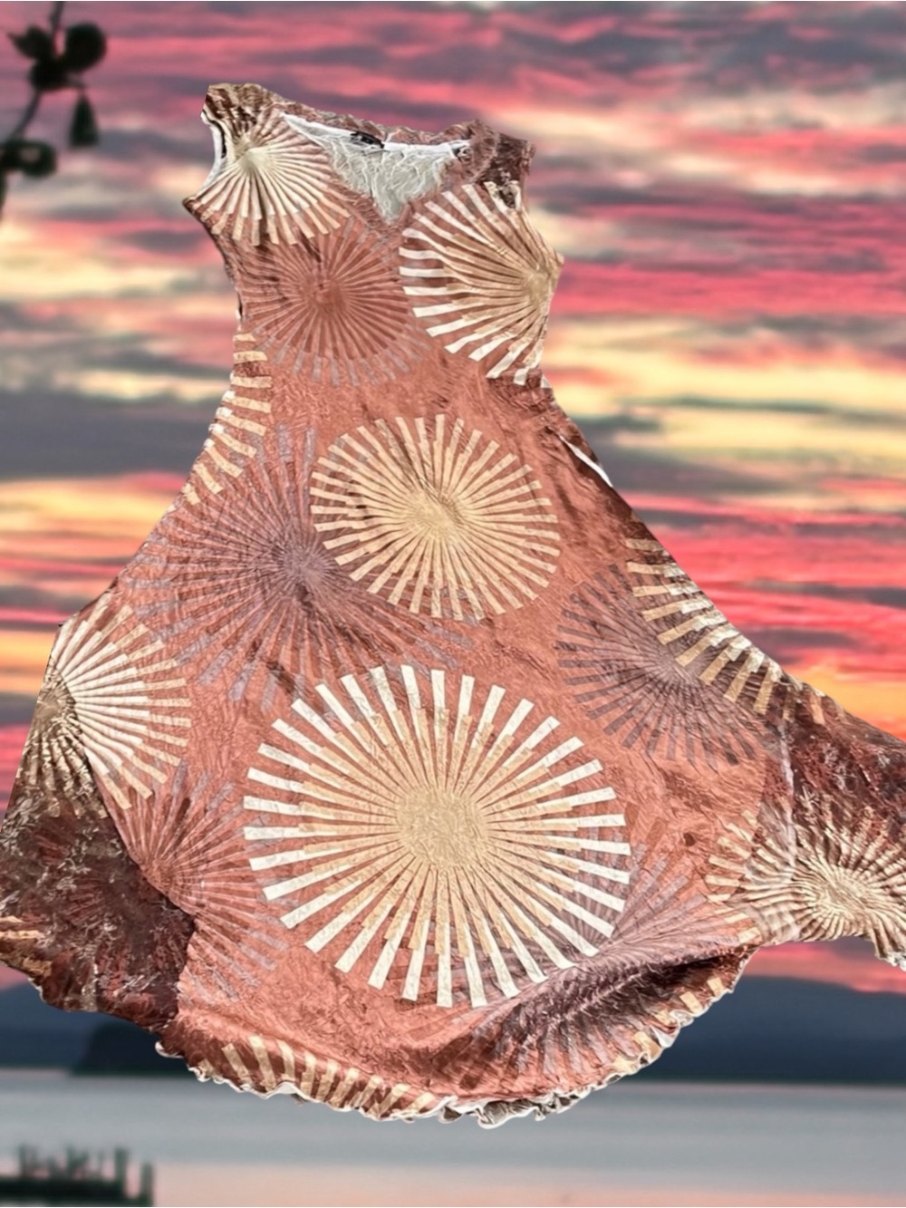 Komarov Copper Rust Metallic Sunburst Midi Dress